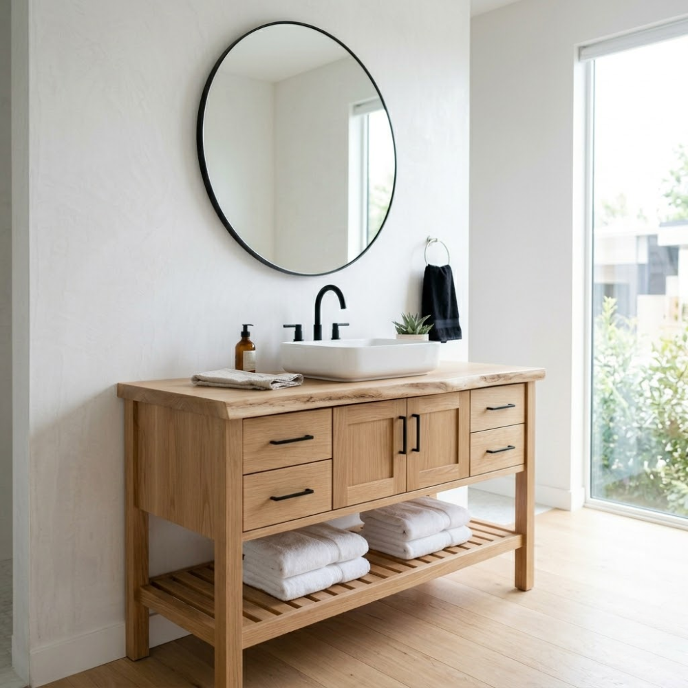 Solid Wood Bathroom Vanity Cabinet Single Sink Base with Drawers Open Shelf