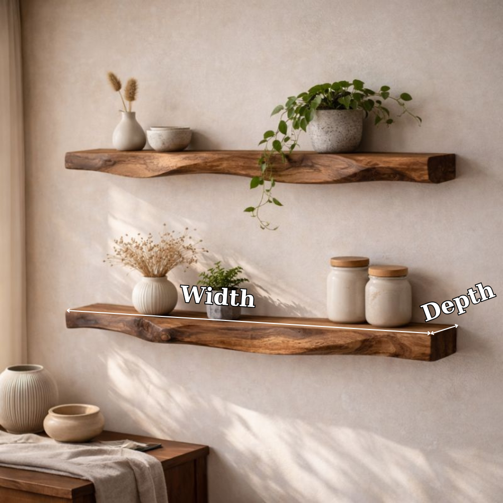 Handcrafted Solid Wood Tree Branch Wall Shelf - Organic Live Edge Floating Bookshelf