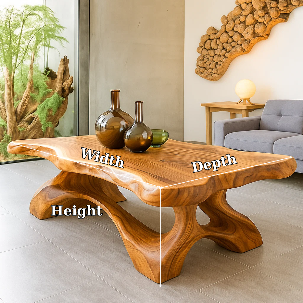 Solid Wood Coffee Table Live Edge Modern Sculptural Base Natural Wood