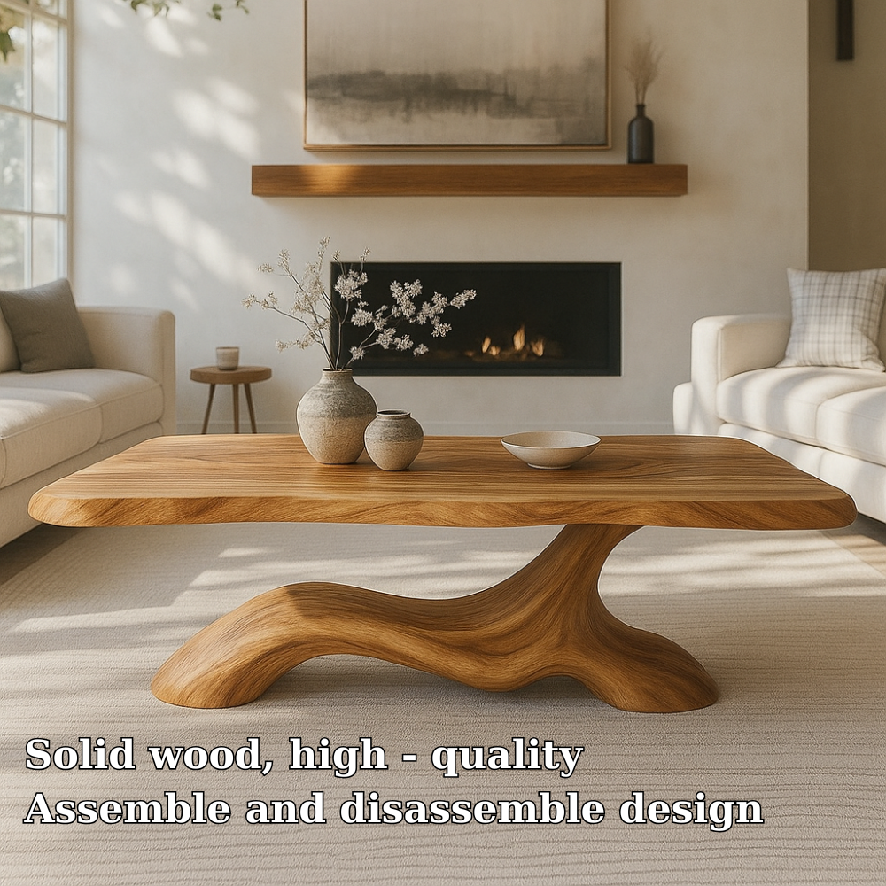 Solid Wood Coffee Table Modern Sculptural Base Natural Wood Design
