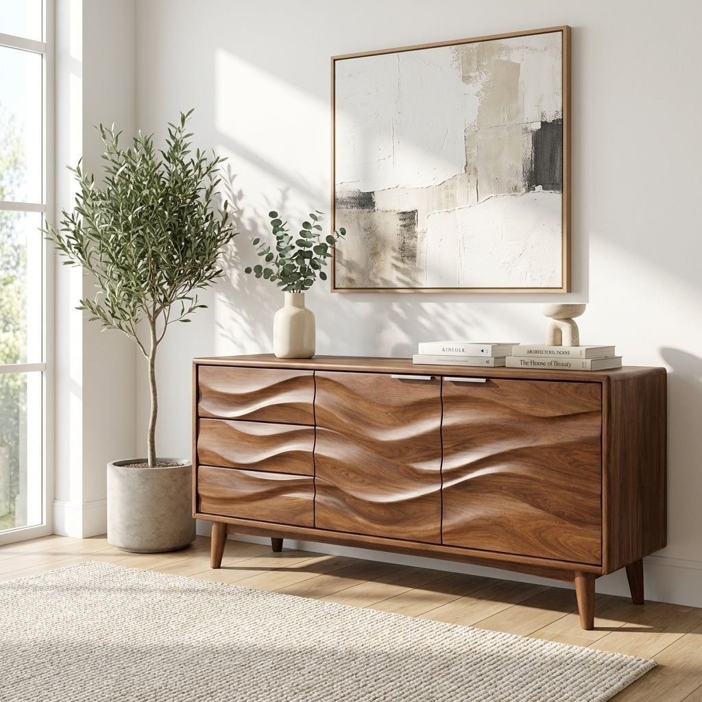 Solid Wood Console Table with Sculptural Wave Front Doors and Modern Storage Design