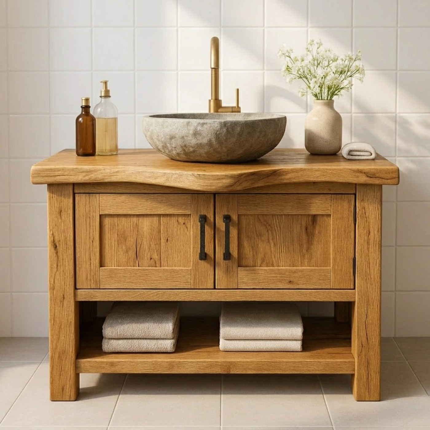 Solid Wood Bathroom Vanity with Double Cabinet Doors and Open Shelf for Organic Modern Bathrooms