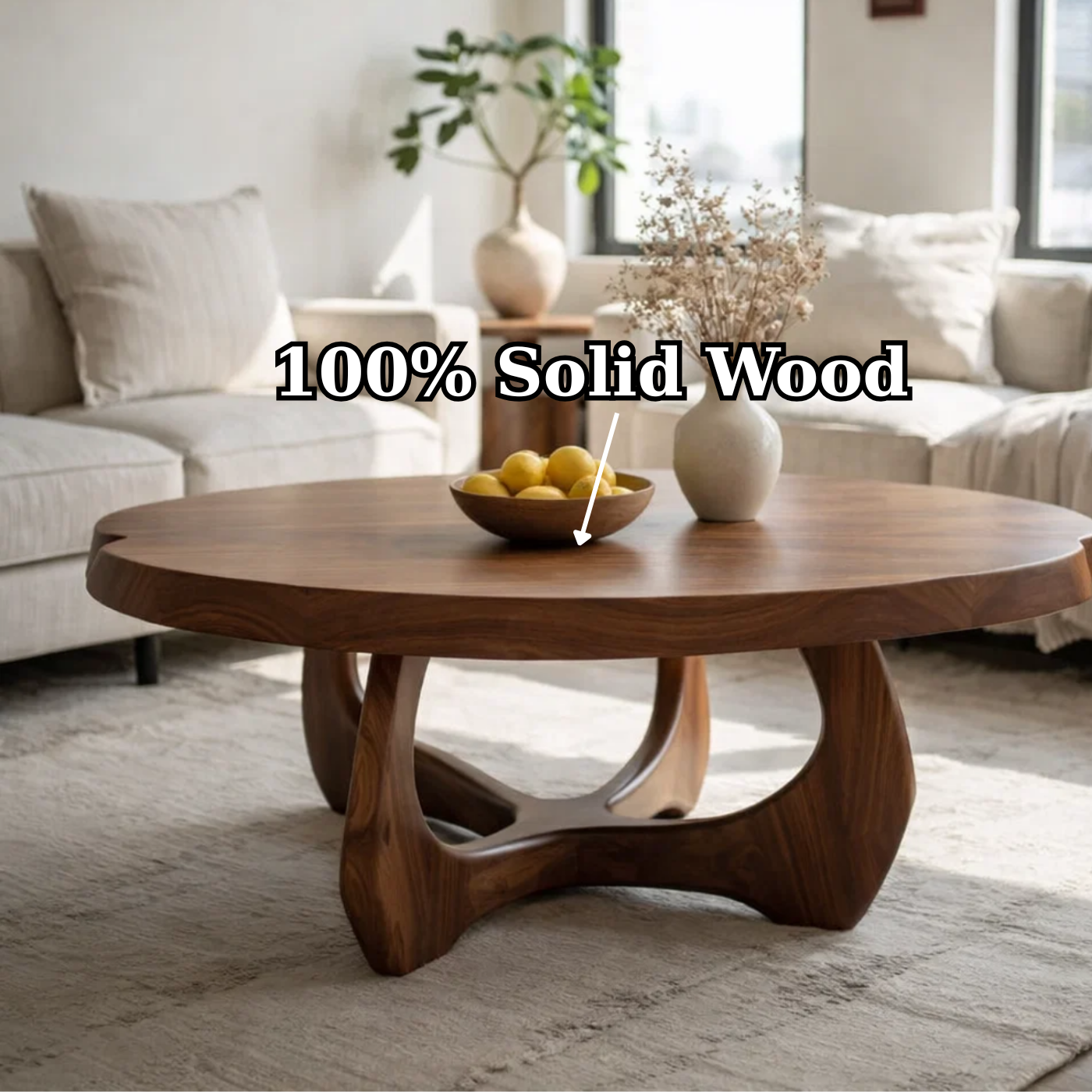 Modern Round Solid Wood Coffee Table with Sculptural Pedestal Base