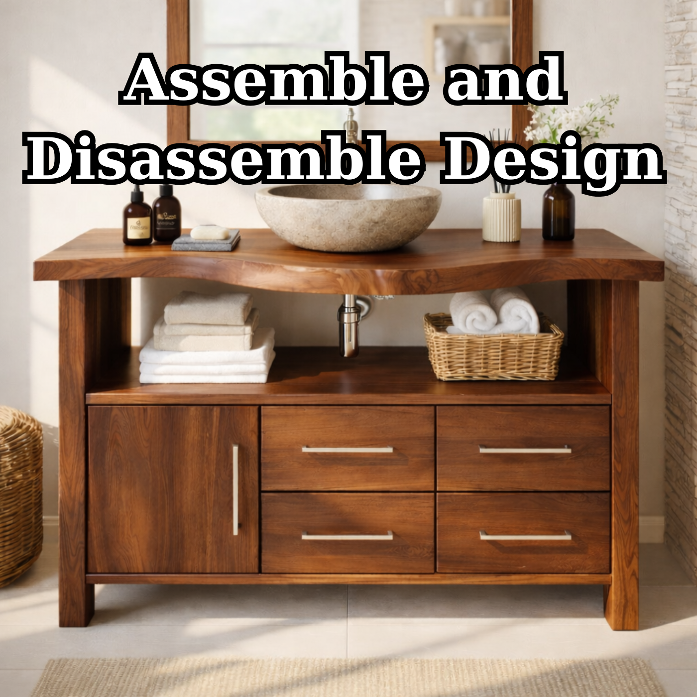 Live Edge Solid Wood Bathroom Vanity with Single Cabinet Door, Four Drawers and Open Shelf for Modern Farmhouse