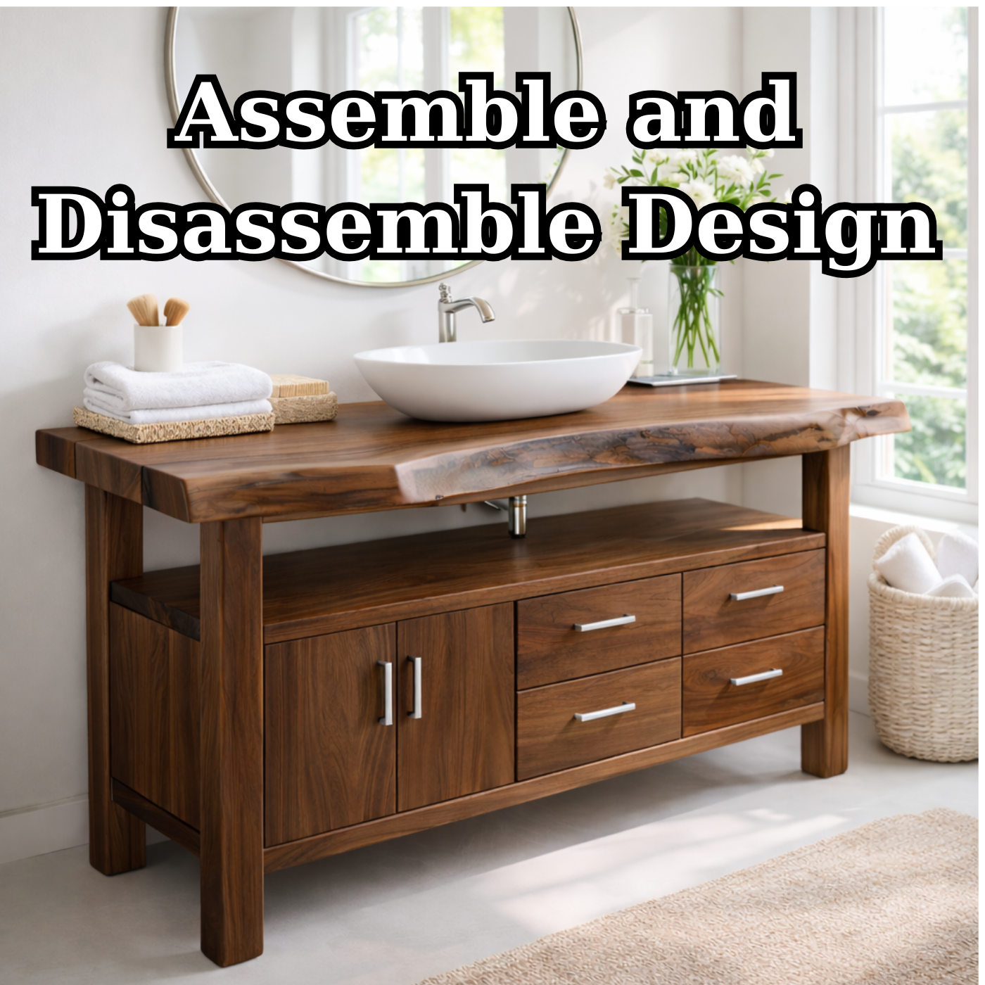 Live Edge Solid Wood Bathroom Vanity with Double Cabinet Doors, Four Drawers and Open Shelf