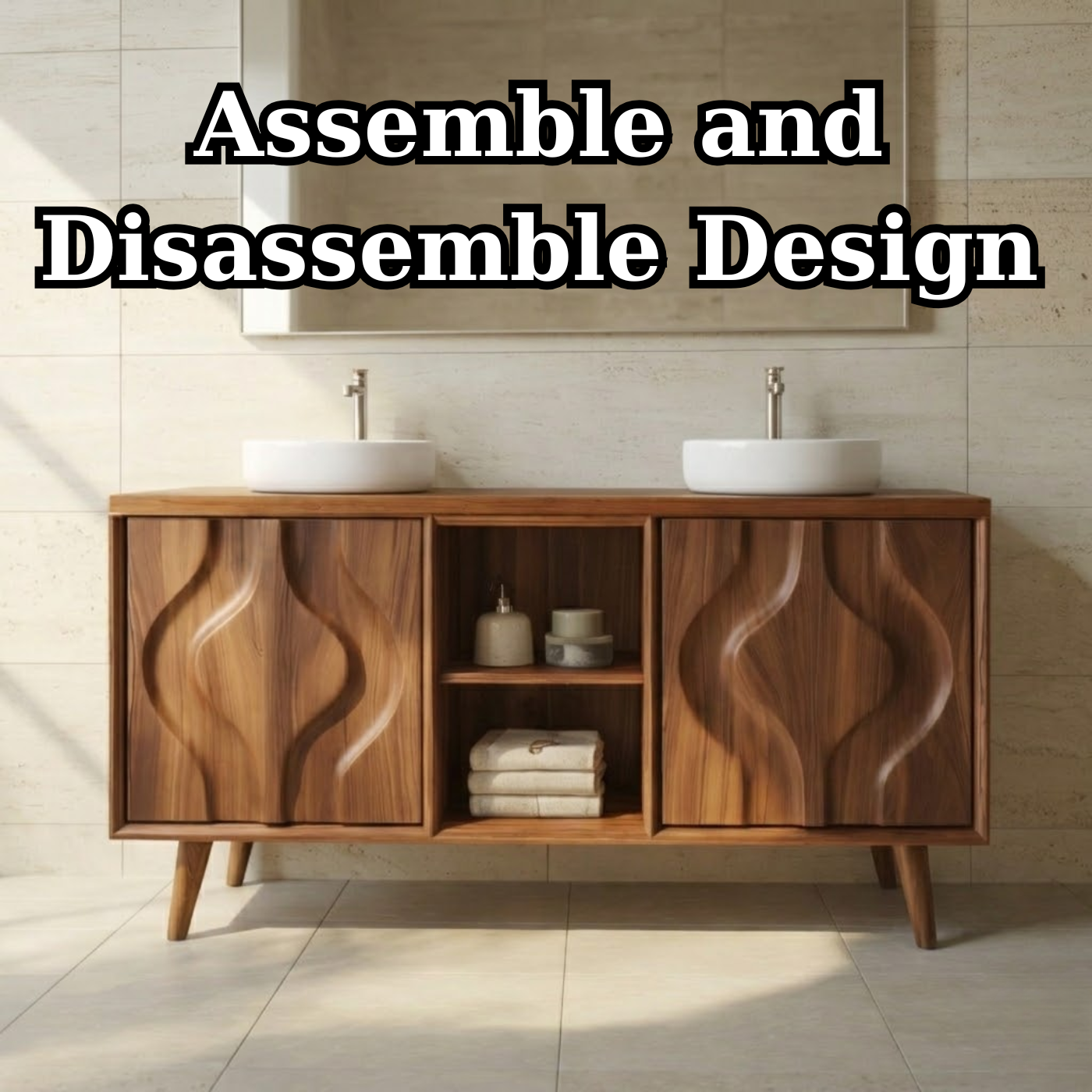 Mid-Century Solid Wood Double Bathroom Vanity Cabinet with Sculpted Wave Doors and Open Shelf