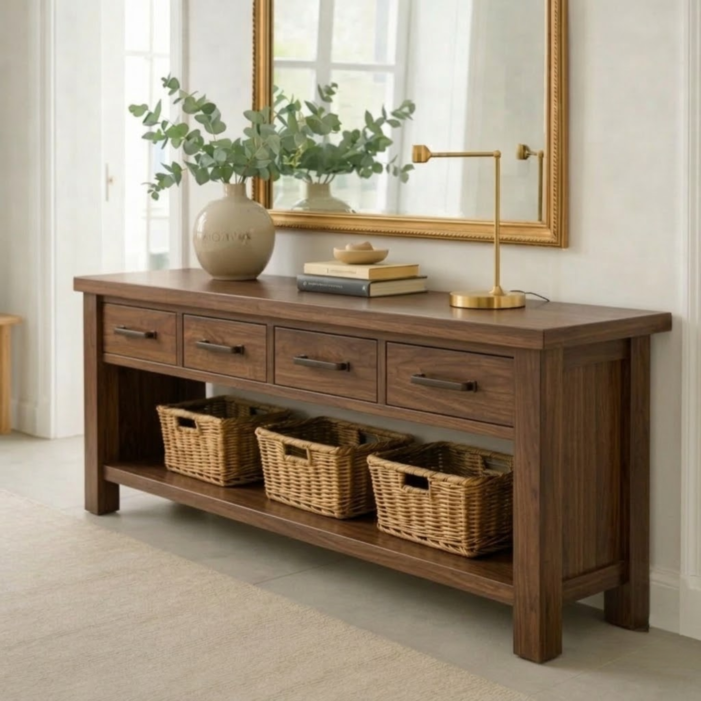 Solid Wood Console Table for Entryway with 4 Drawers and Open Shelf