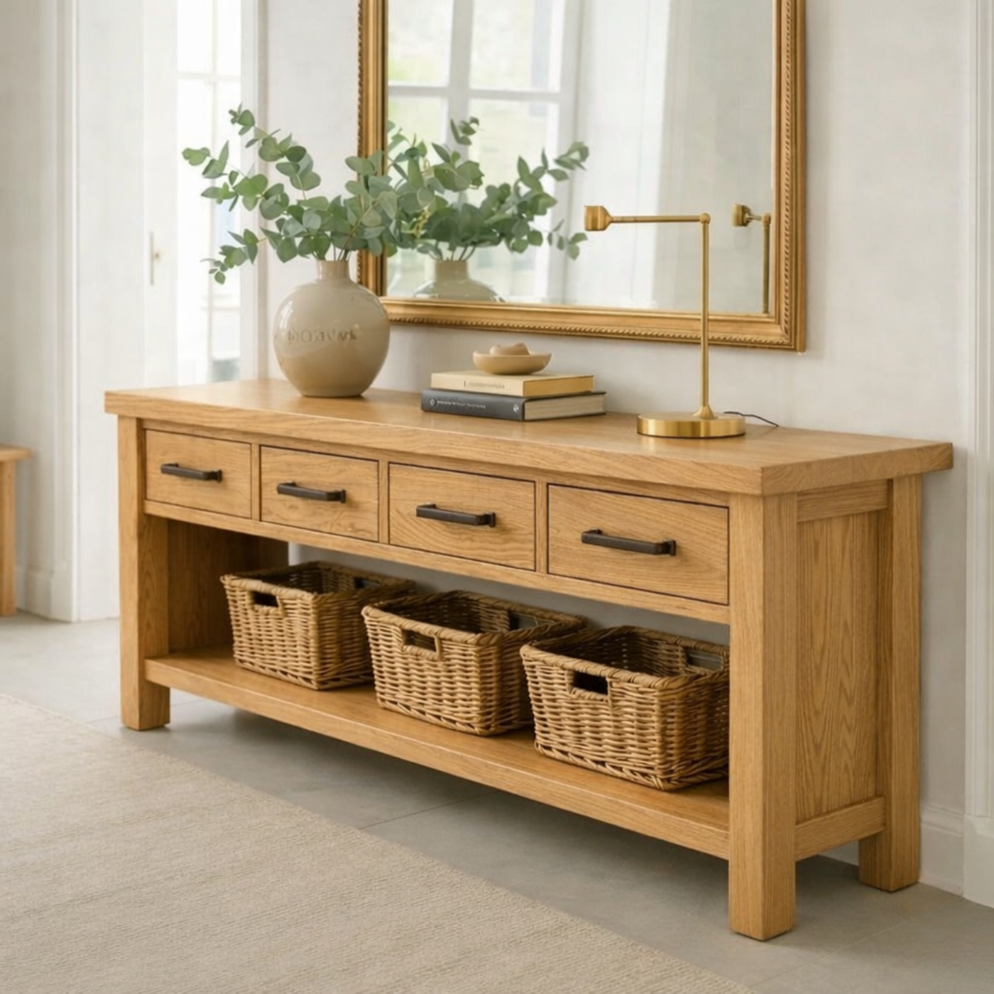 Solid Wood Console Table for Entryway with 4 Drawers and Open Shelf