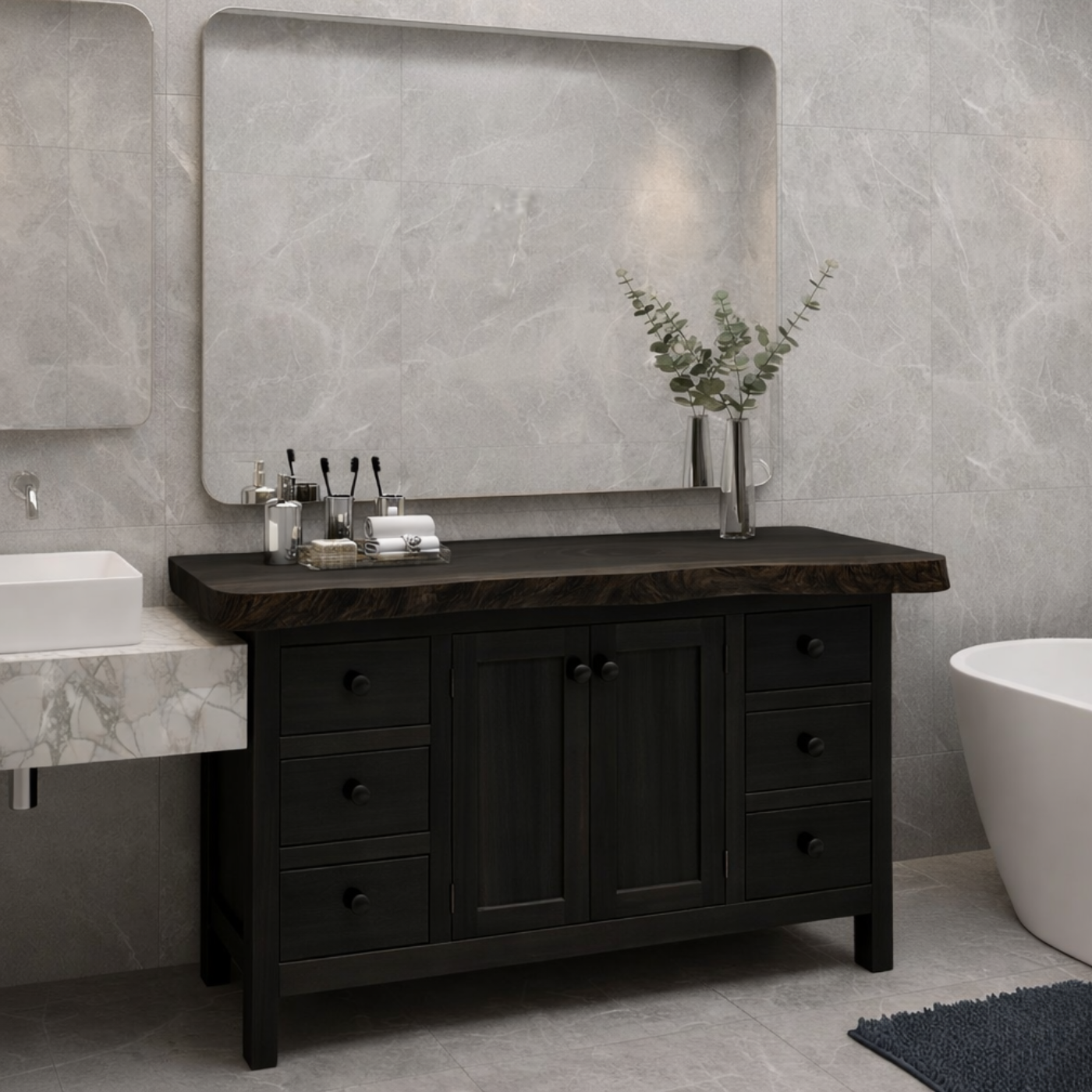 Solid Wood Bathroom Vanity with Live Edge Top and Ample Storage