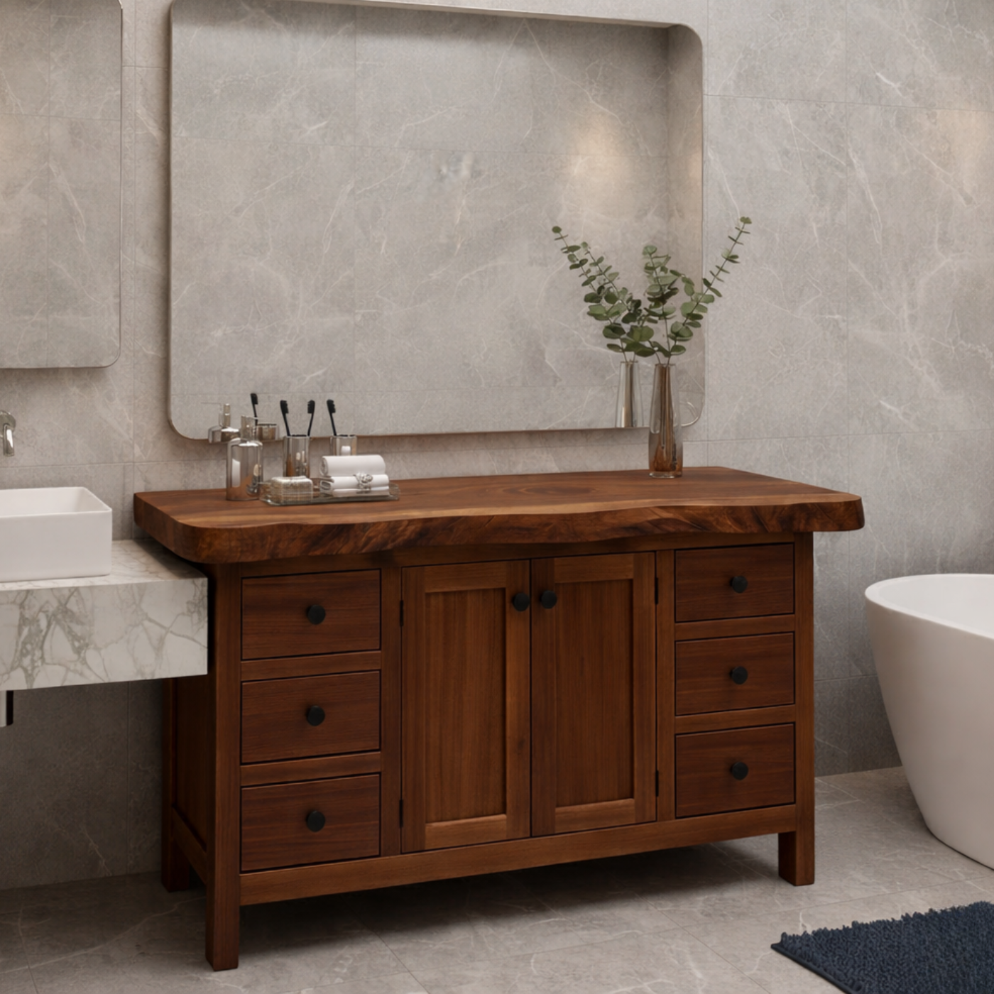 Solid Wood Bathroom Vanity with Live Edge Top and Ample Storage