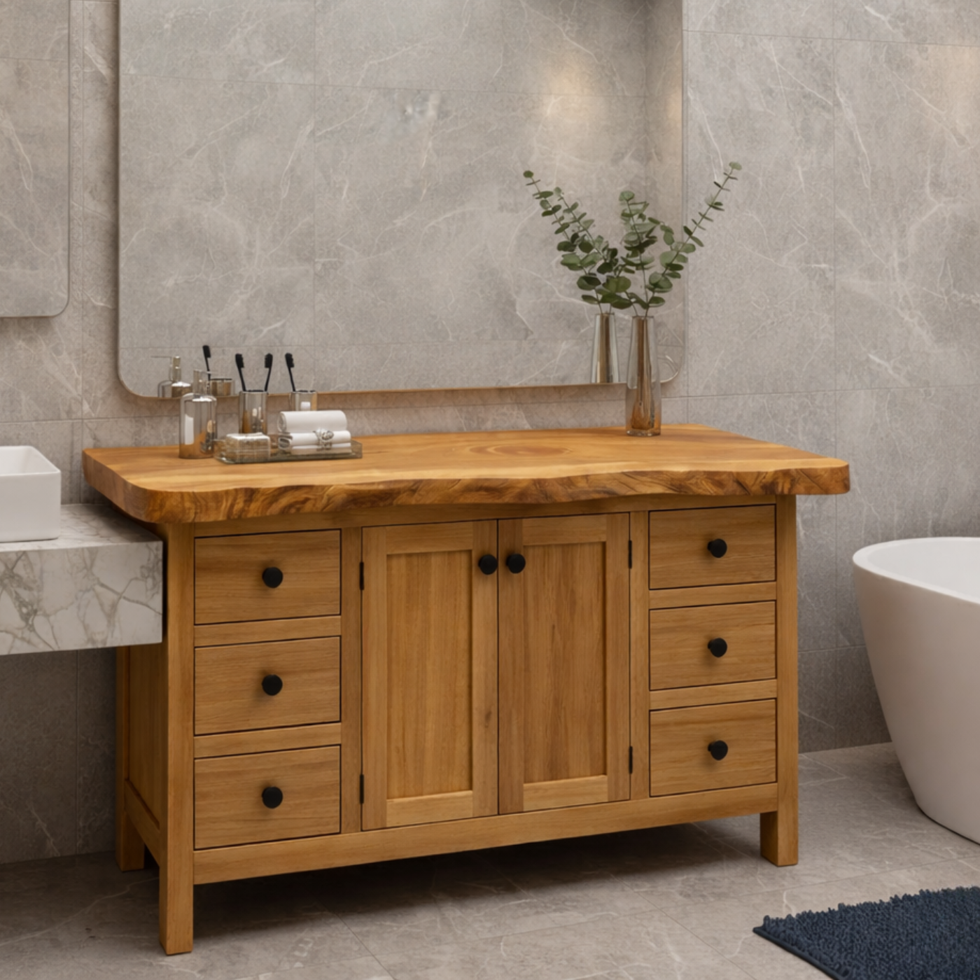 Solid Wood Bathroom Vanity with Live Edge Top and Ample Storage