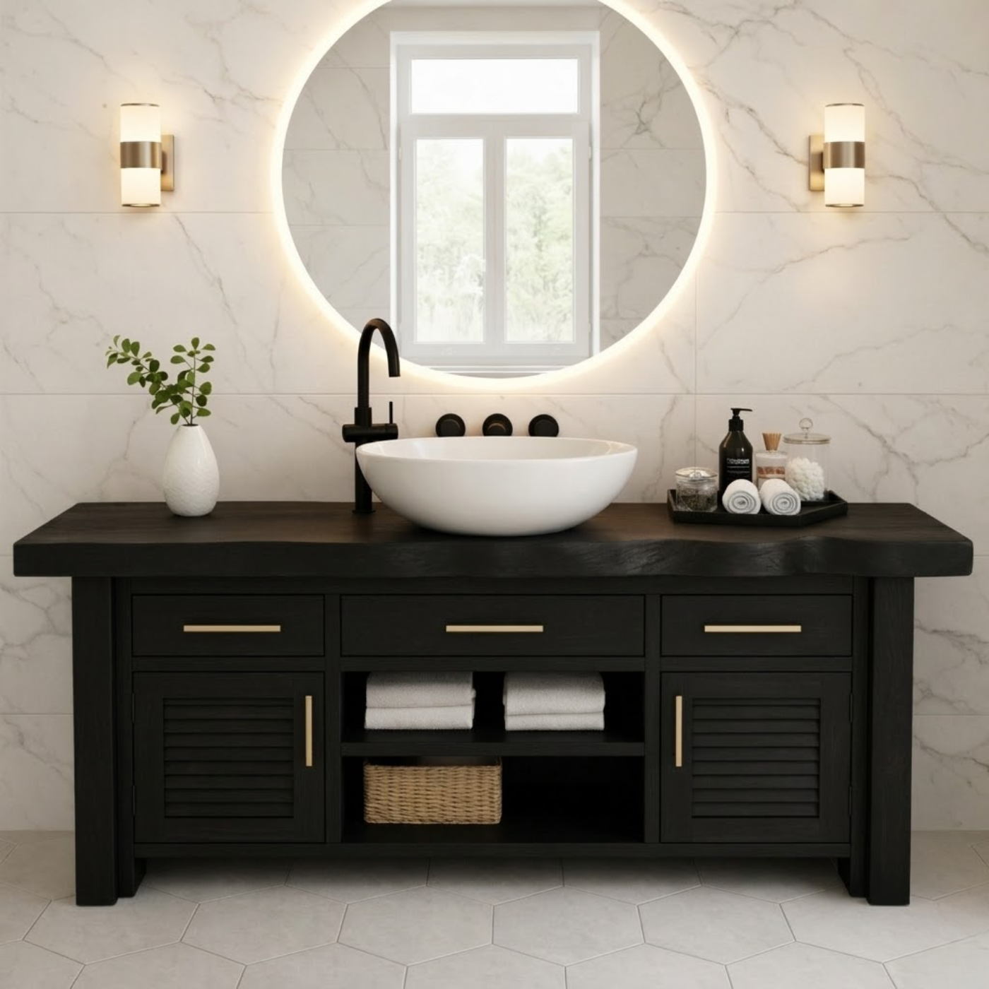 Solid Wood Bathroom Vanity for Modern Spaces with Louvered Doors and Open Shelf