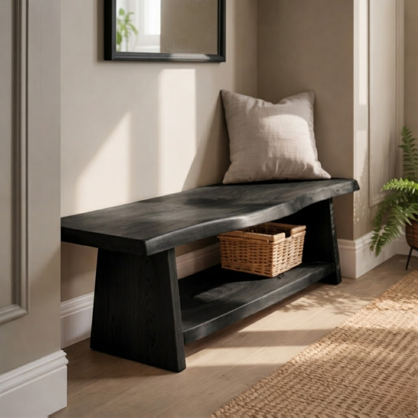 Solid Wood Live Edge Entryway Bench with Lower Shelf – Natural Wood Storage Bench
