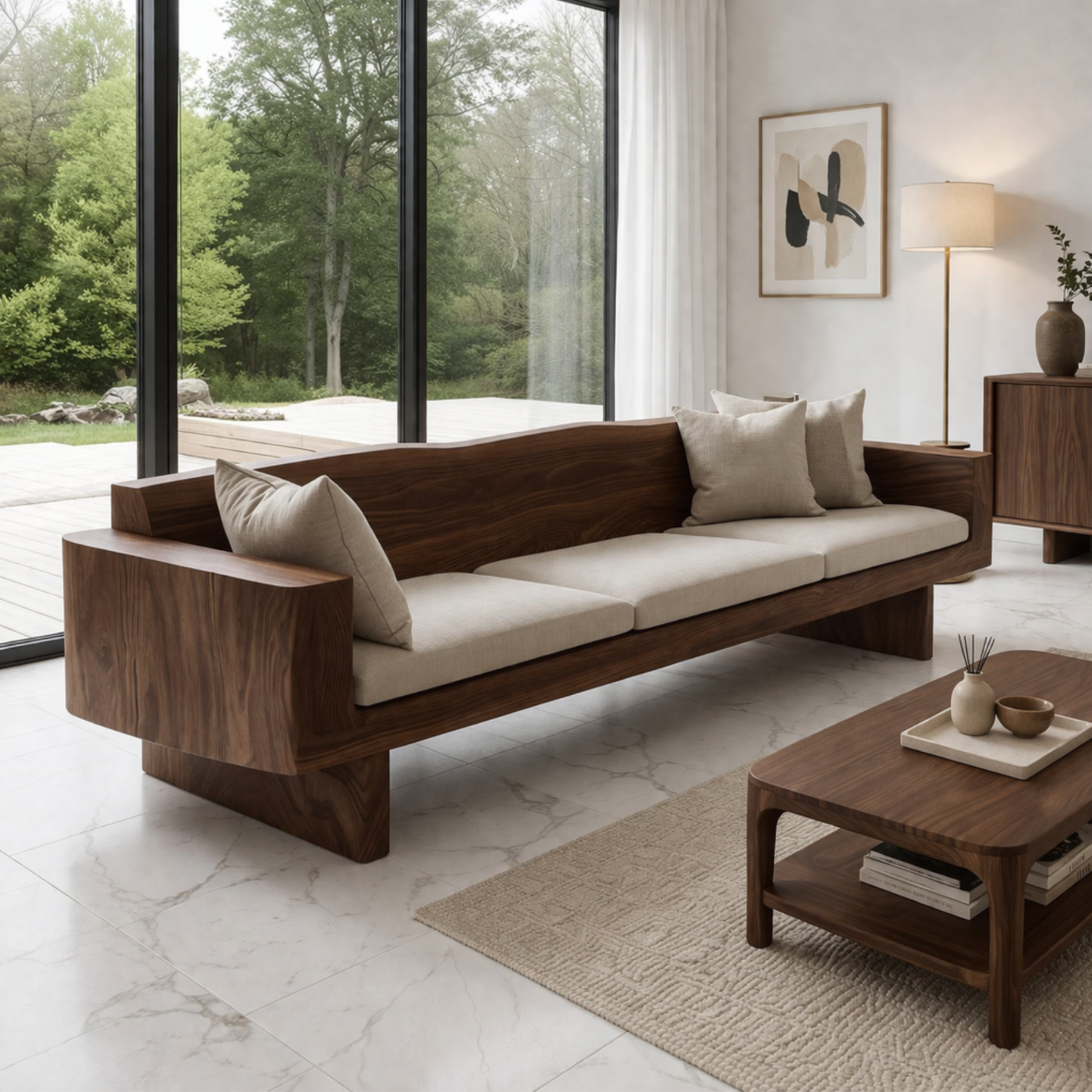 Walnut Solid Wood Sofa – Modern Rustic Wooden Living Room Sofa