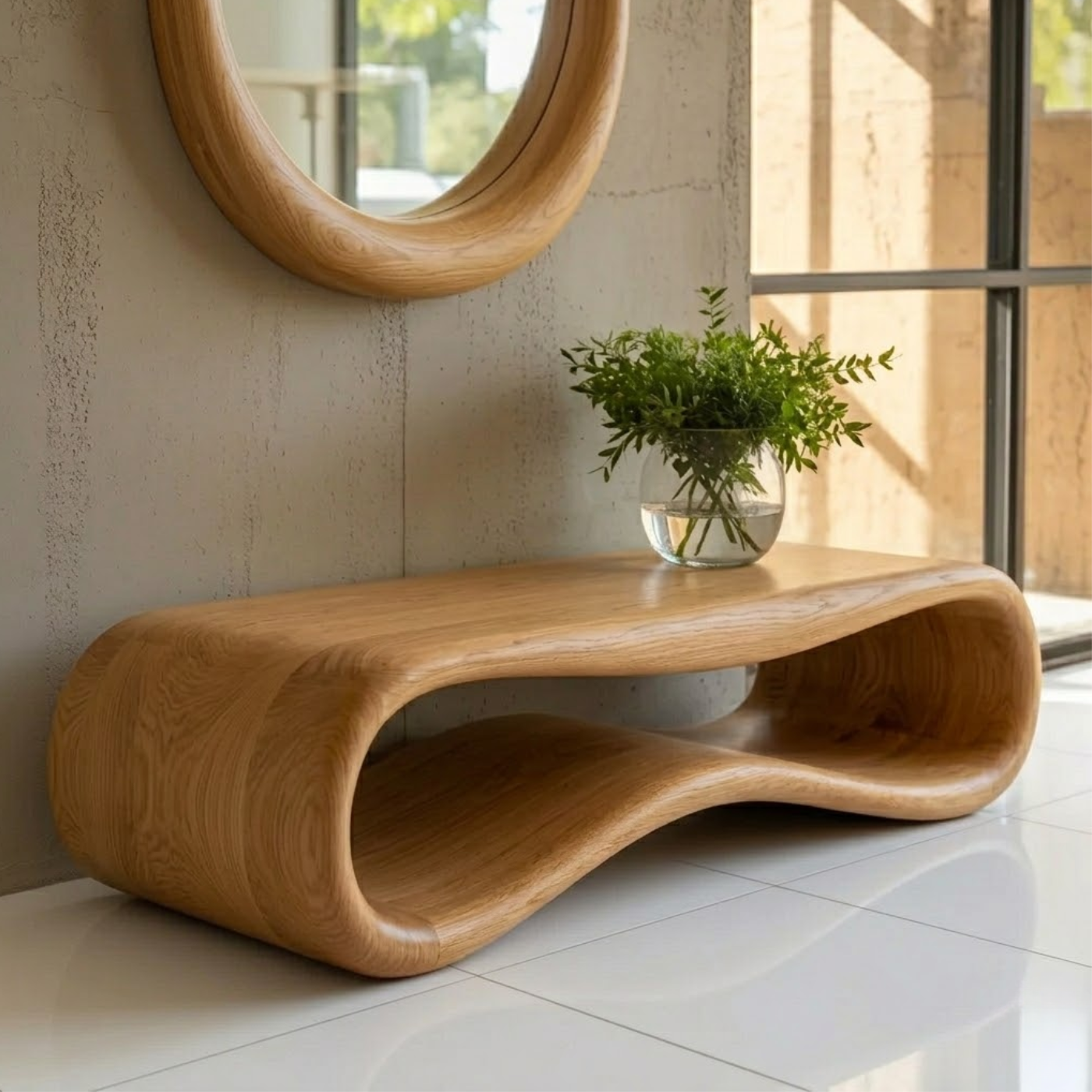 Modern Sculptural Solid Wood Bench - Organic Curved Entryway Seating
