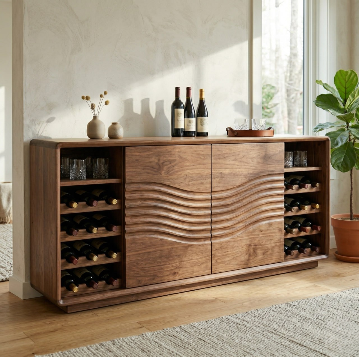Solid Wood Wine Cabinet with Wave Front Doors and Built-in Bottle Storage