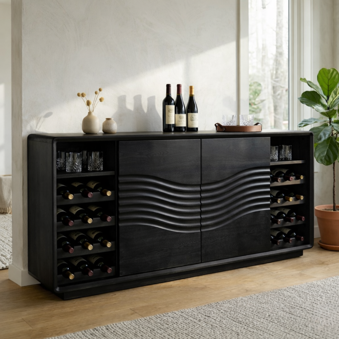 Solid Wood Wine Cabinet with Wave Front Doors and Built-in Bottle Storage