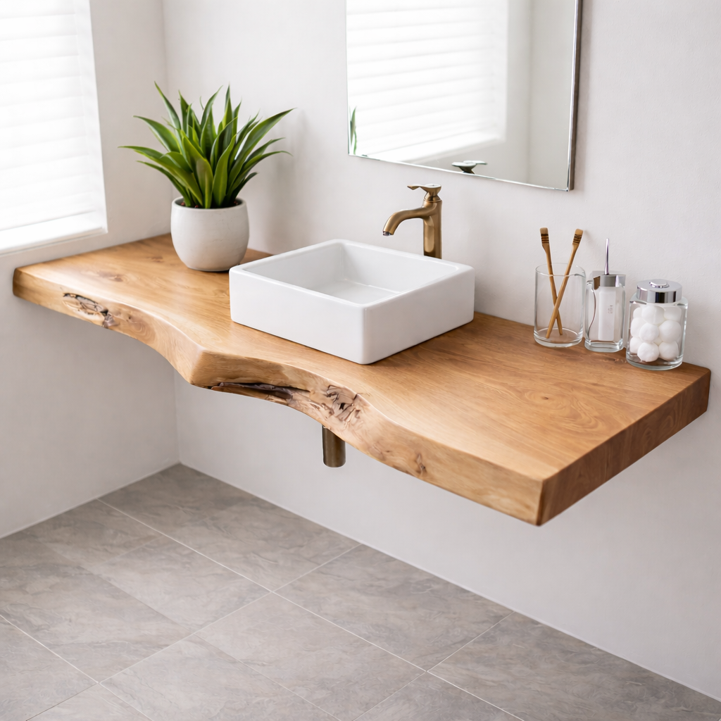 Floating Live Edge Solid Wood Bathroom Shelf Wall Mounted Natural Wood Vanity Top