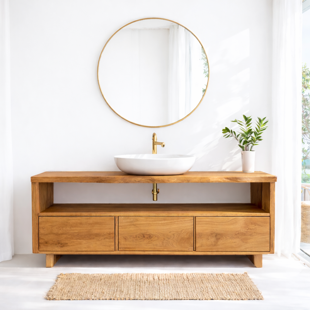 Solid Wood Bathroom Vanity with Open Shelf and Three Drawers – Rustic Freestanding Wood Vanity Cabinet