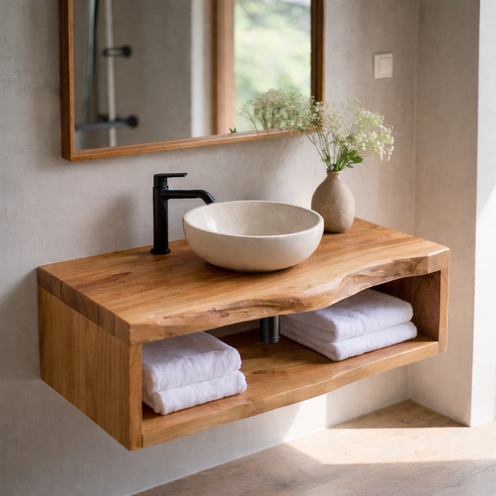 Live Edge Floating Bathroom Vanity, Solid Wood Wall Mounted Vanity Shelf with Storage