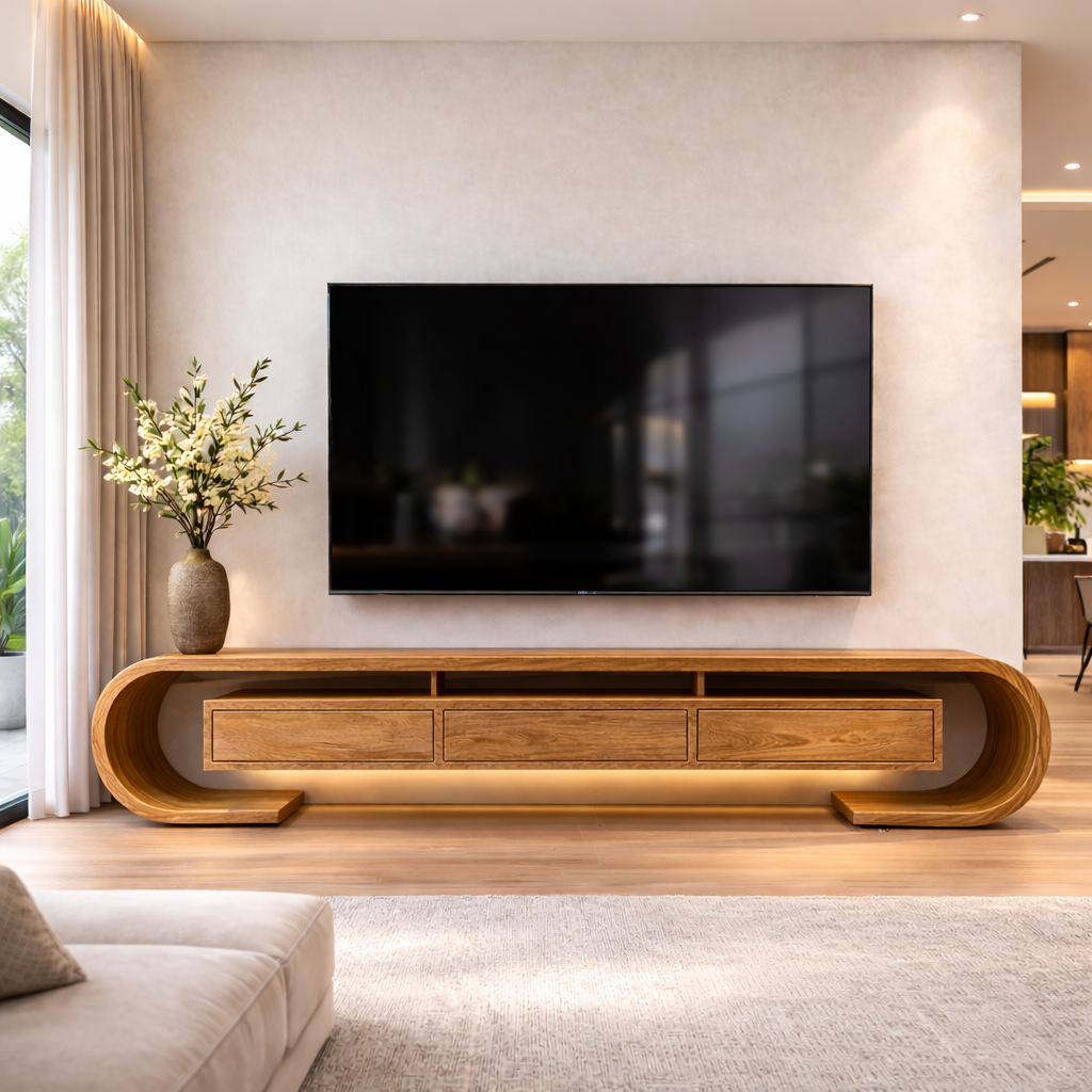 Modern Curved Solid Wood TV Stand – Walnut Floating Media Console with Drawers