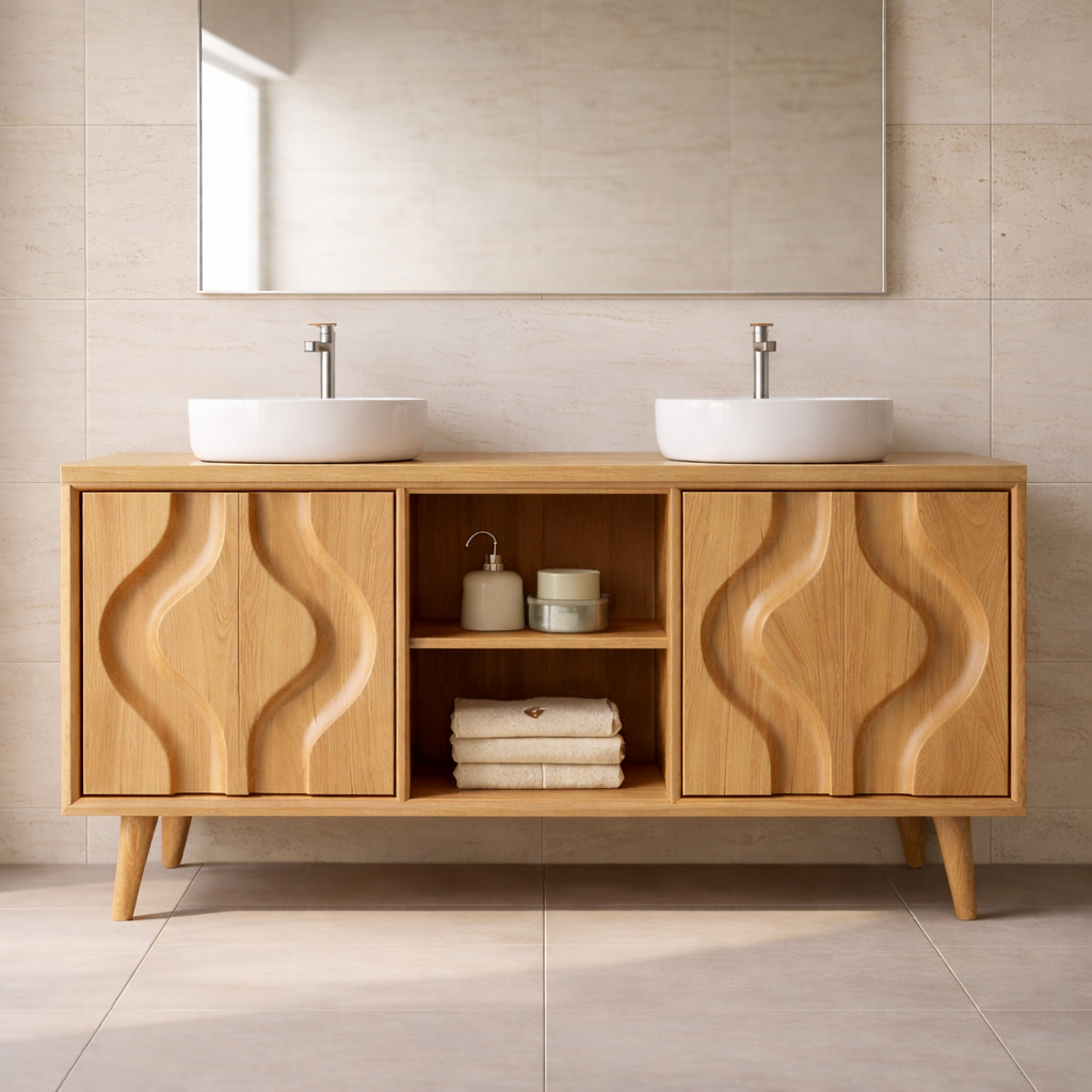 Mid-Century Solid Wood Double Bathroom Vanity Cabinet with Sculpted Wave Doors and Open Shelf