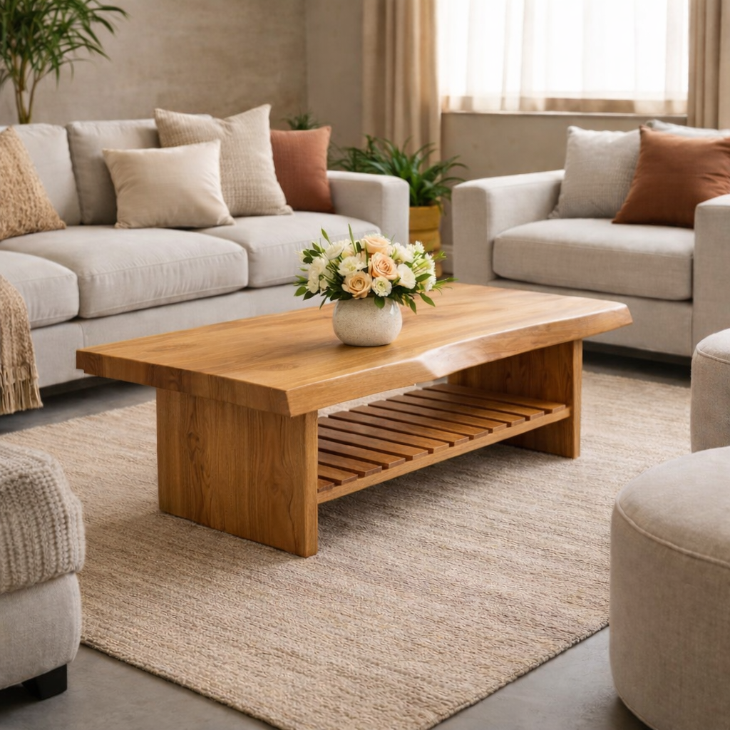Live Edge Walnut Coffee Table with Slatted Shelf, Natural Modern Design for Living Room