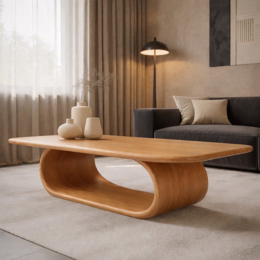 Sculptural Walnut Coffee Table with Curved Design and Open Shelf, Modern Living Room Décor