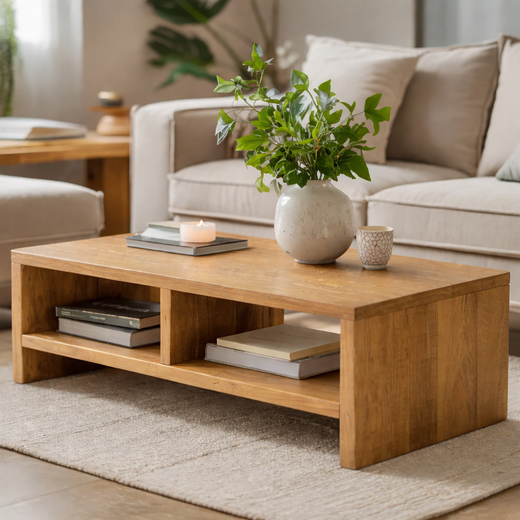 Solid Wood Coffee Table with Open Storage, Rustic Design for Living Room and Décor