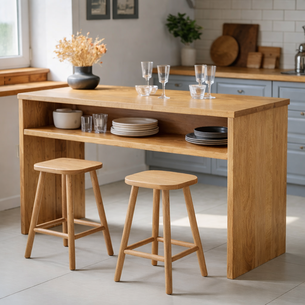Modern Solid Wood Kitchen Island with Open Shelf Storage and Breakfast Bar Table