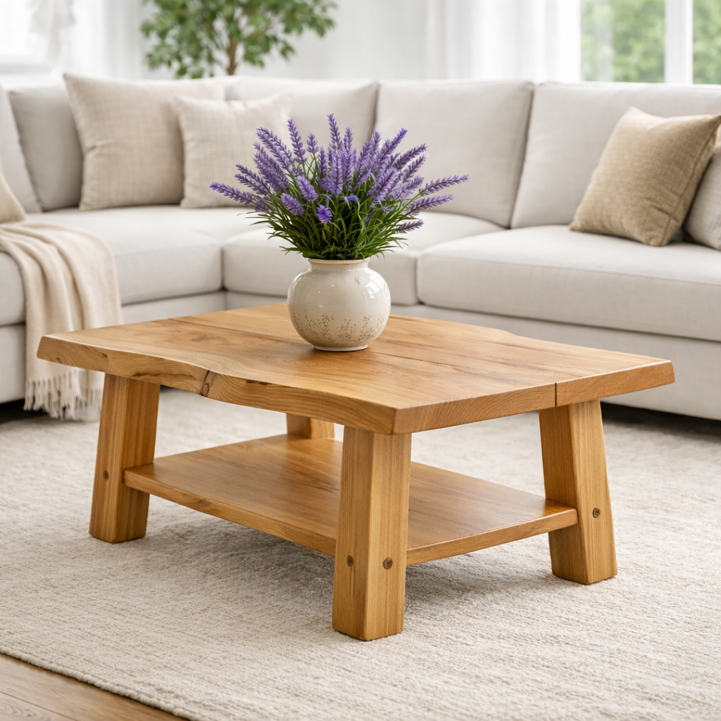 Solid Wood Coffee Table with Storage Shelf Rustic Wooden Living Room Table