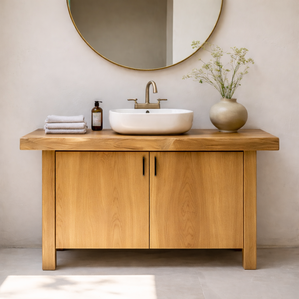 Solid Wood Bathroom Vanity with Slab Doors – Modern Organic Freestanding Single Sink Cabinet