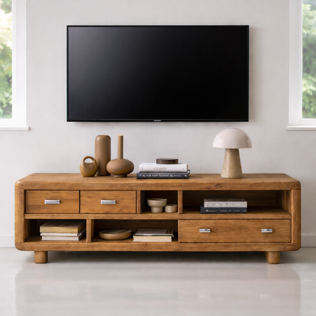 Solid Wood TV Stand with Drawers and Open Shelves Rustic Oak Media Console for Living Room