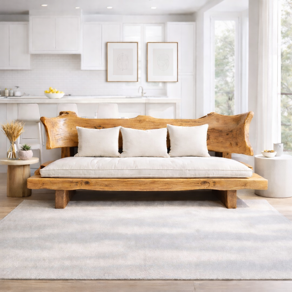 Live Edge Solid Wood Sofa Rustic Natural Wood Couch Handmade Organic Living Room Sofa