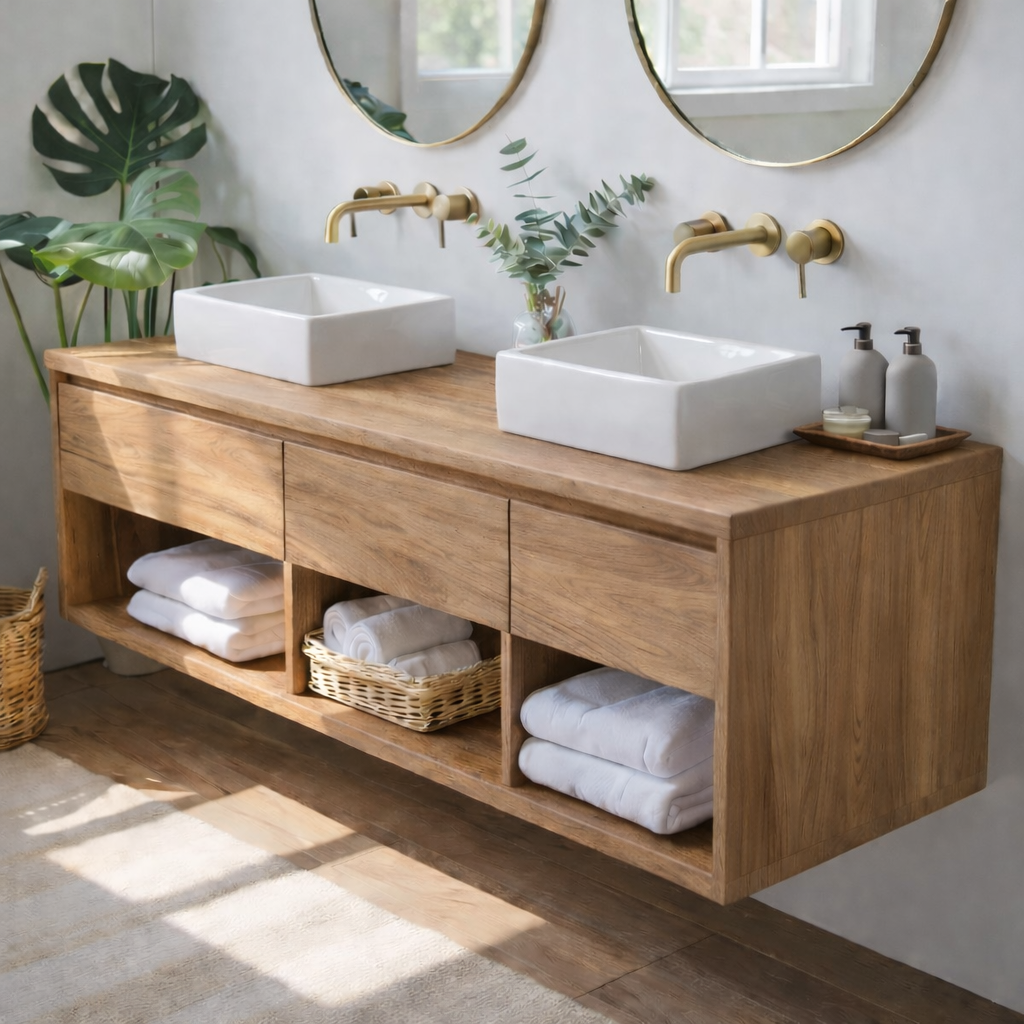 Floating Solid Wood Double Bathroom Vanity Cabinet with Open Cubby Shelves – Modern Organic Wall Mounted Design