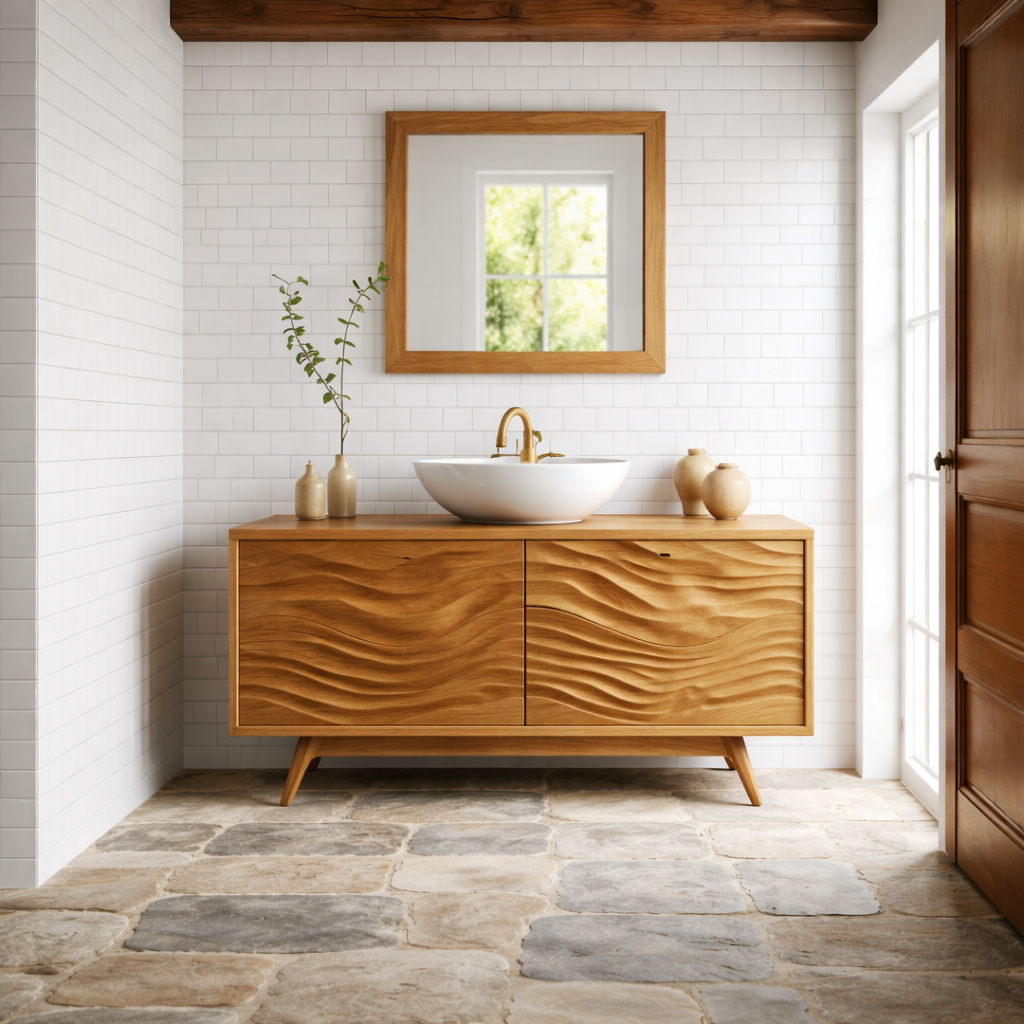 Solid Wood Bathroom Vanity with Wavy Surface Design and Storage Cabinet