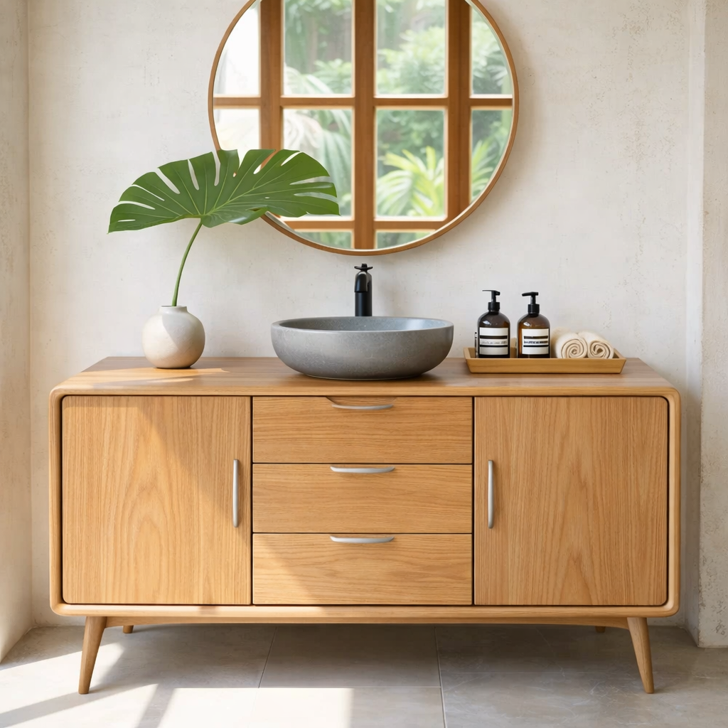 Mid Century Solid Wood Bathroom Vanity with Drawer Storage and Cabinet Doors
