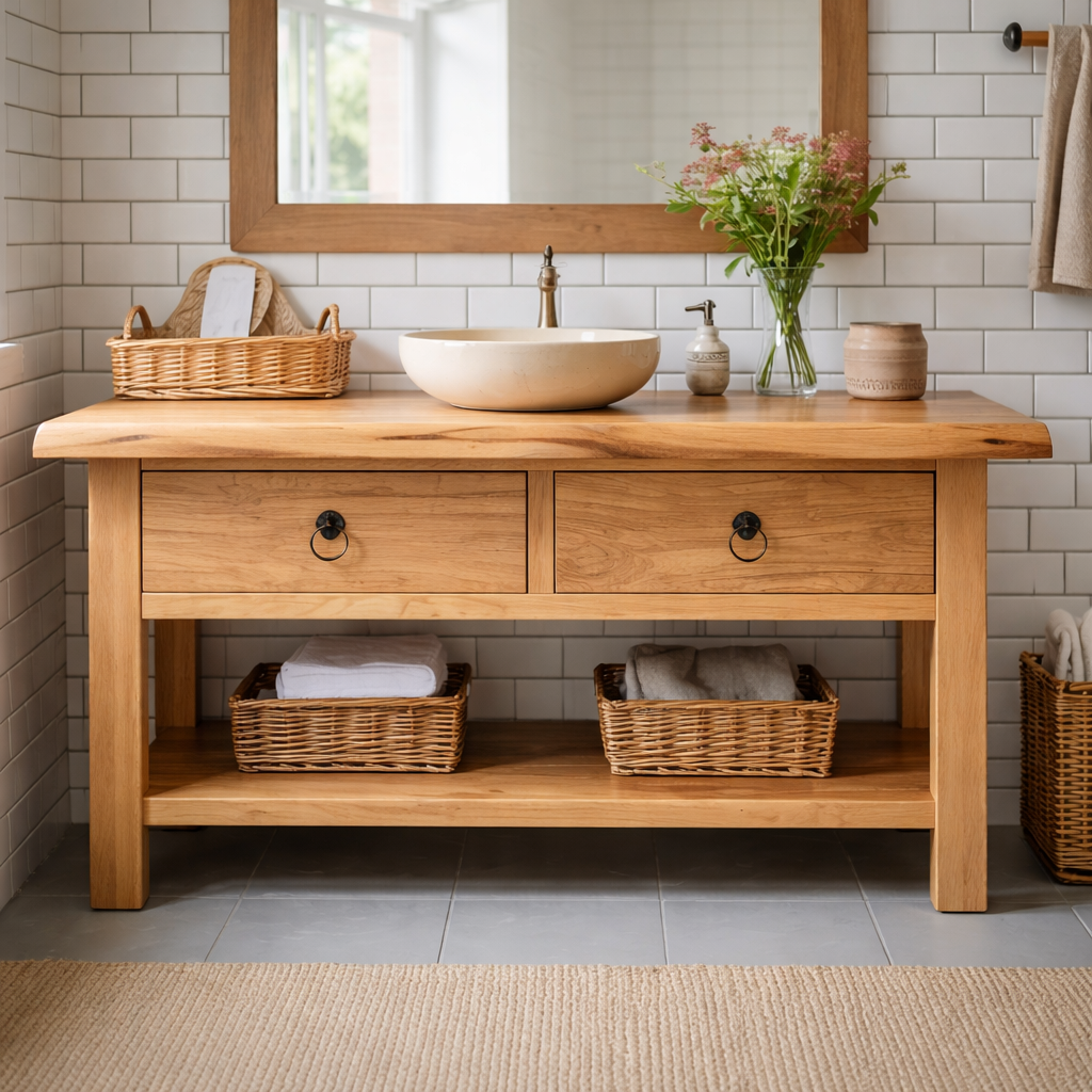 Solid Wood Bathroom Vanity with Open Shelf Storage and Double Drawer Design