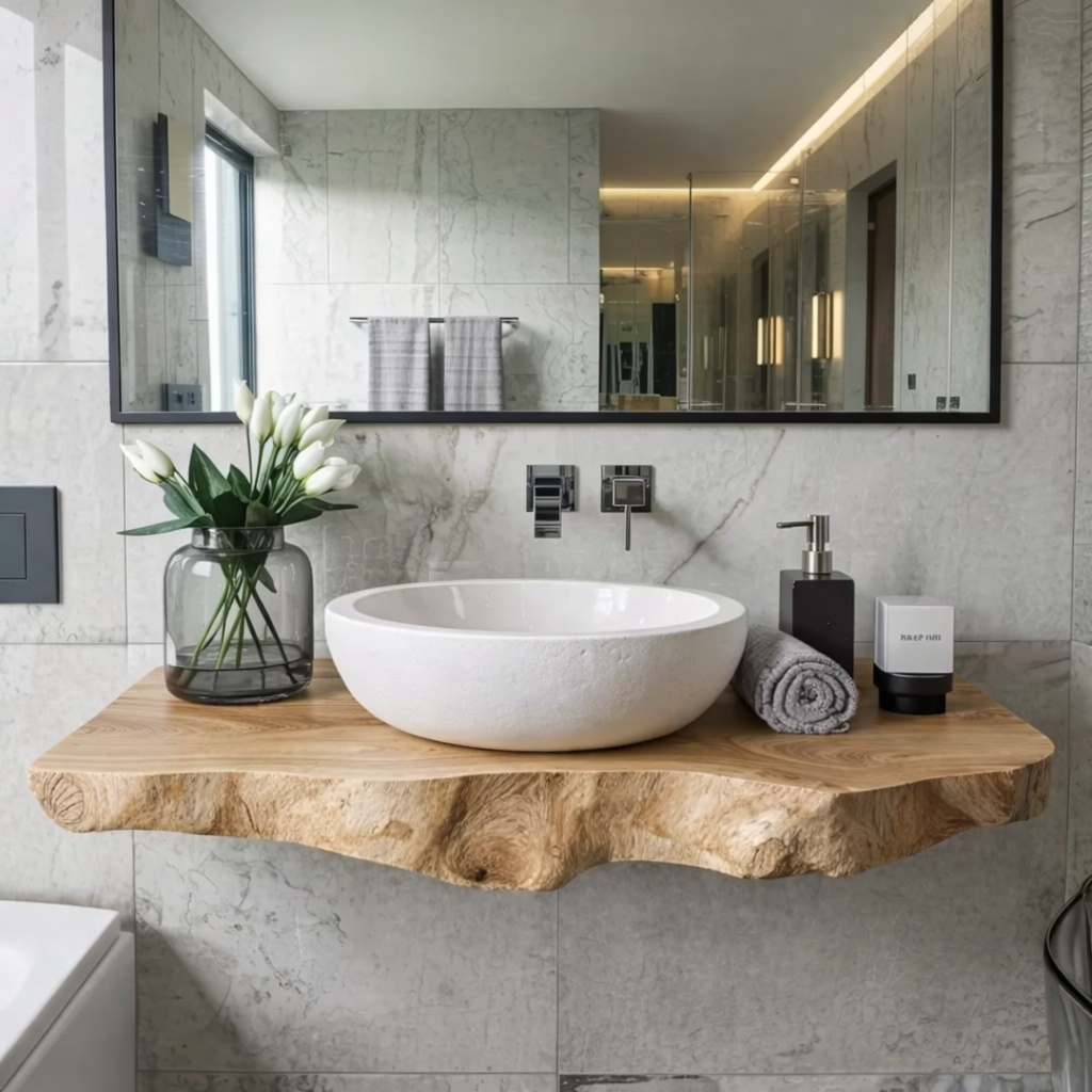 Floating Live Edge Solid Wood Bathroom Vanity Shelf – Natural Wood Wall Mounted Vanity Top