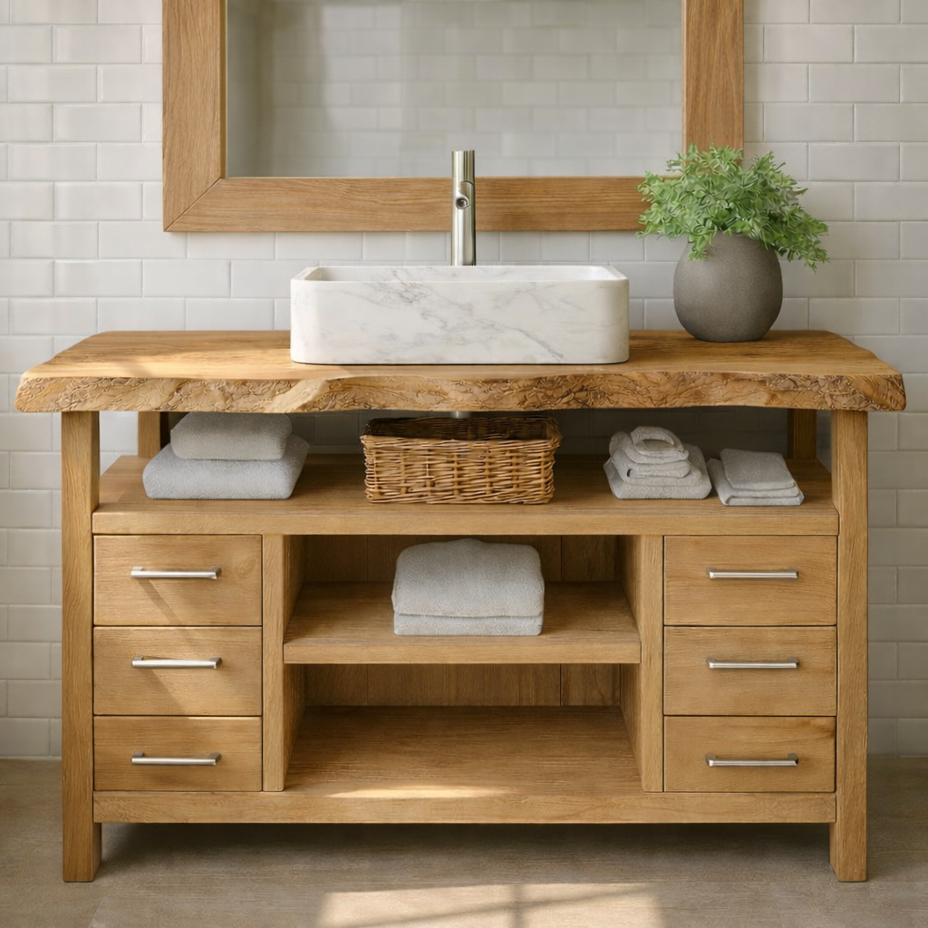 Solid Wood Bathroom Vanity with Six Drawers and Open Shelves – Freestanding Natural Wood Vanity Cabinet
