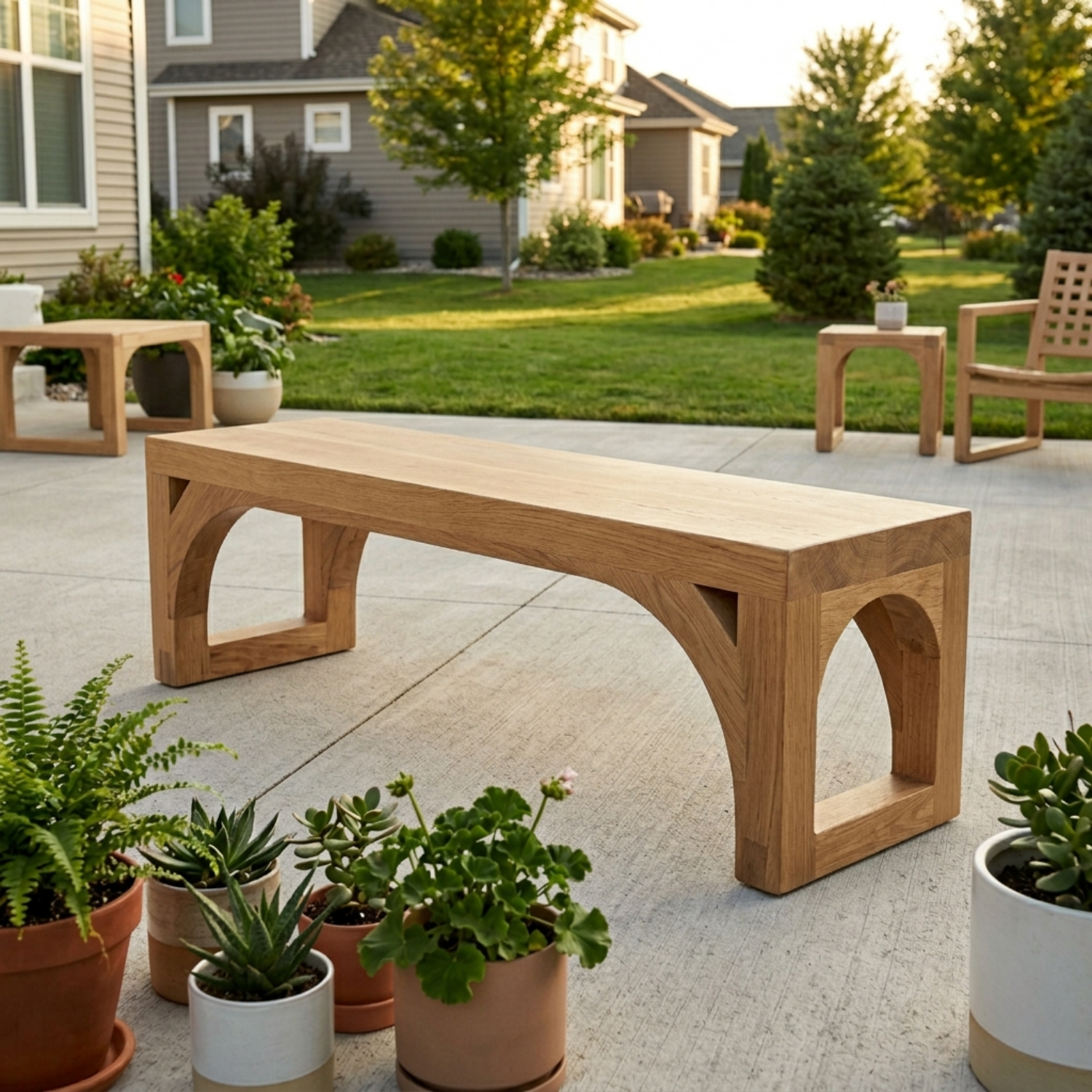 Solid Wood Outdoor Bench with Arched Base and Minimalist Rectangular Design