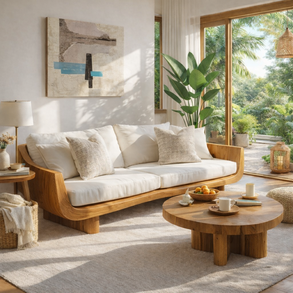 Solid Wood Curved Arm Sofa Organic Modern Style
