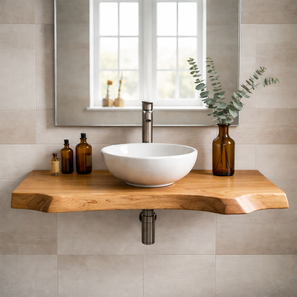 Floating Live Edge Solid Wood Bathroom Vanity – Wall Mounted Natural Wood Slab Vanity