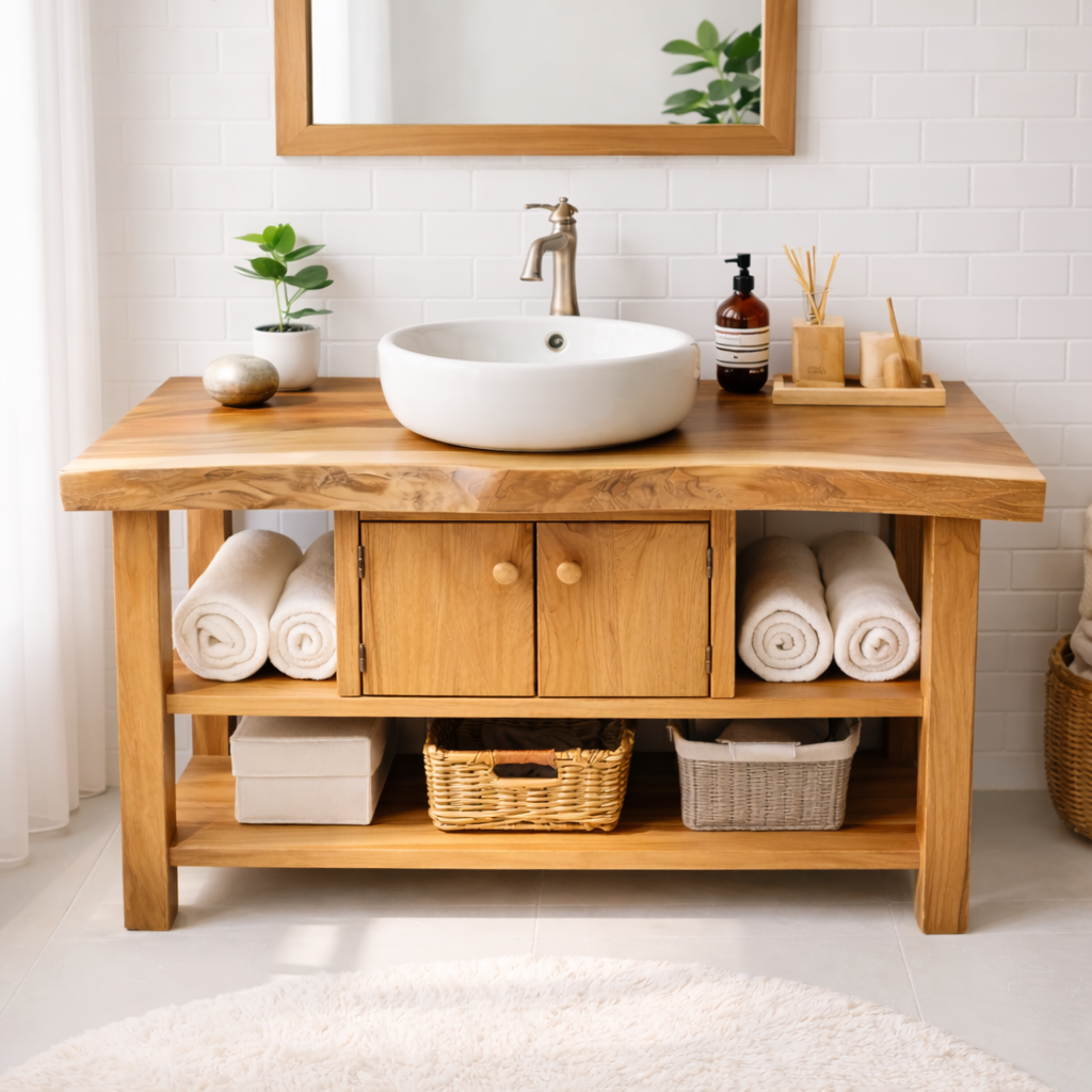 Live Edge Solid Wood Bathroom Vanity with Open Shelves and Storage Cabinet – Rustic Modern Bathroom Vanity