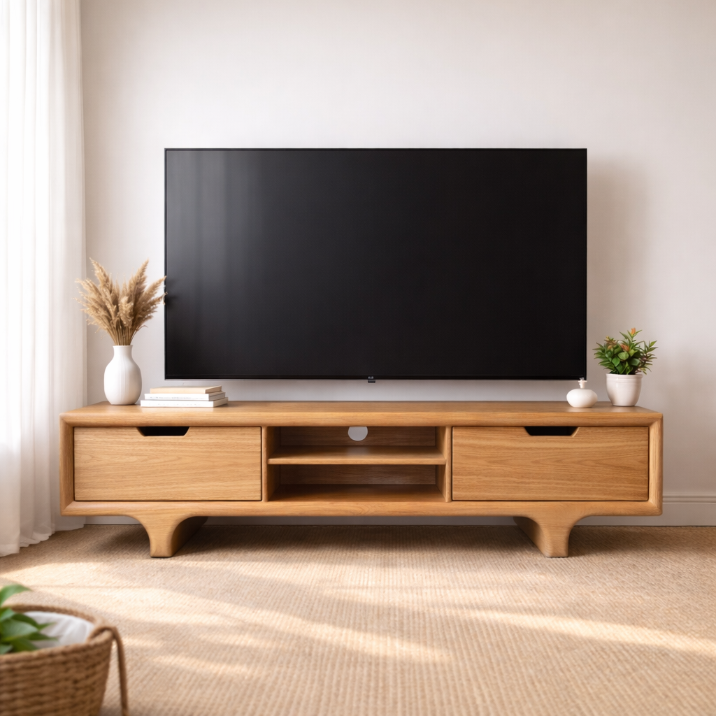 Mid Century Walnut Wood TV Stand with Drawers – Solid Wood Media Console Cabinet