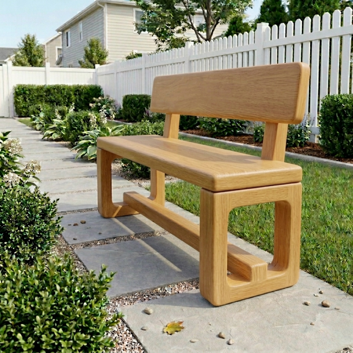 Solid Wood Outdoor Bench with Backrest and Modern Geometric Frame