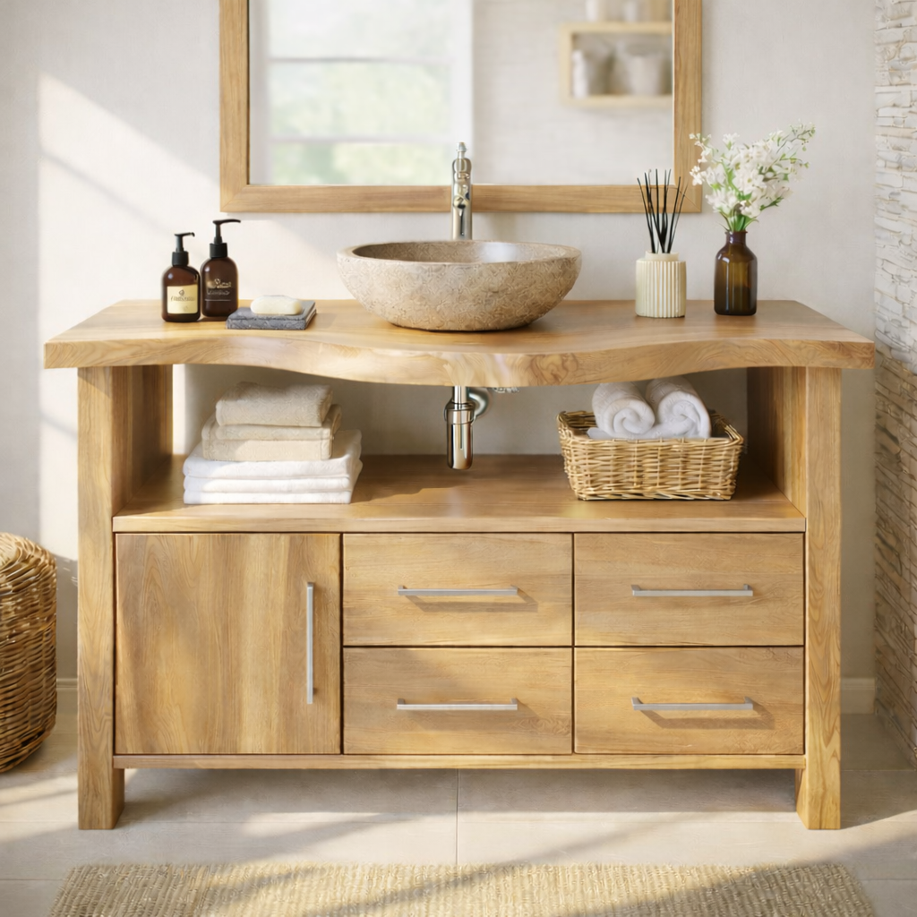 Live Edge Solid Wood Bathroom Vanity with Single Cabinet Door, Four Drawers and Open Shelf for Modern Farmhouse