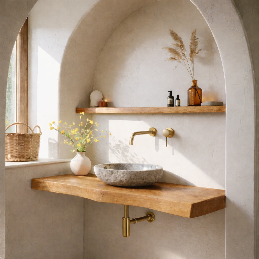 Solid Wood Floating Bathroom Vanity Shelf with Rustic Natural Finish
