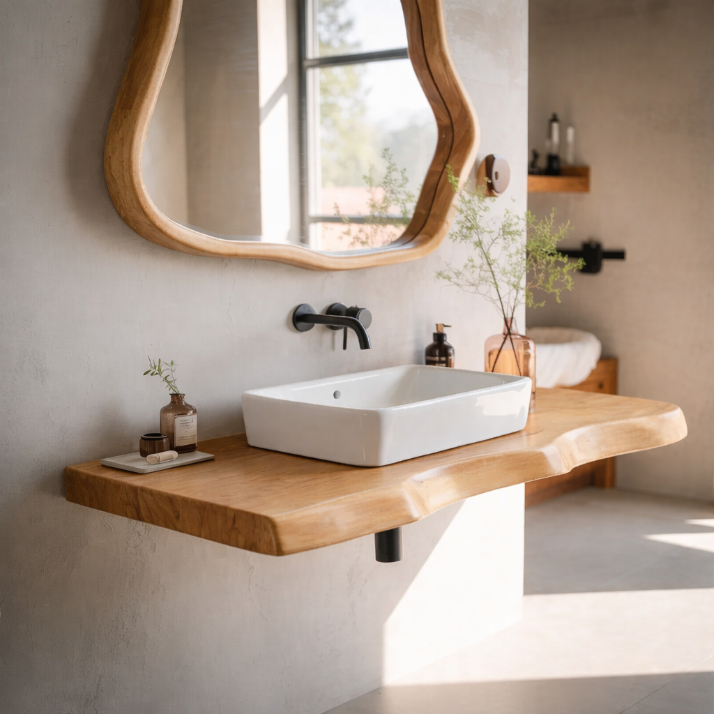 Live Edge Oak Floating Bathroom Vanity Shelf with Natural Finish
