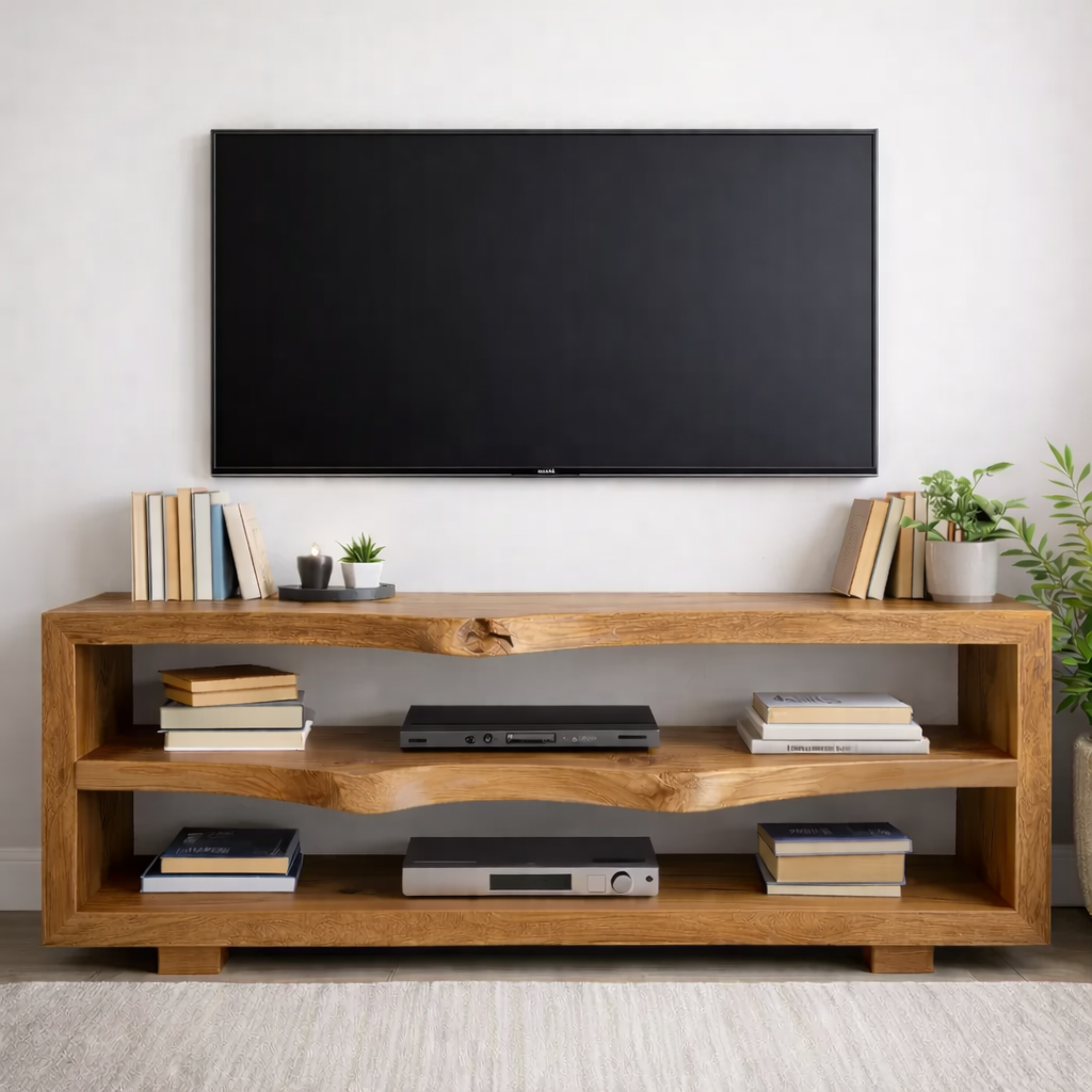 Rustic Solid Wood TV Stand with Open Shelves for Modern Living Rooms
